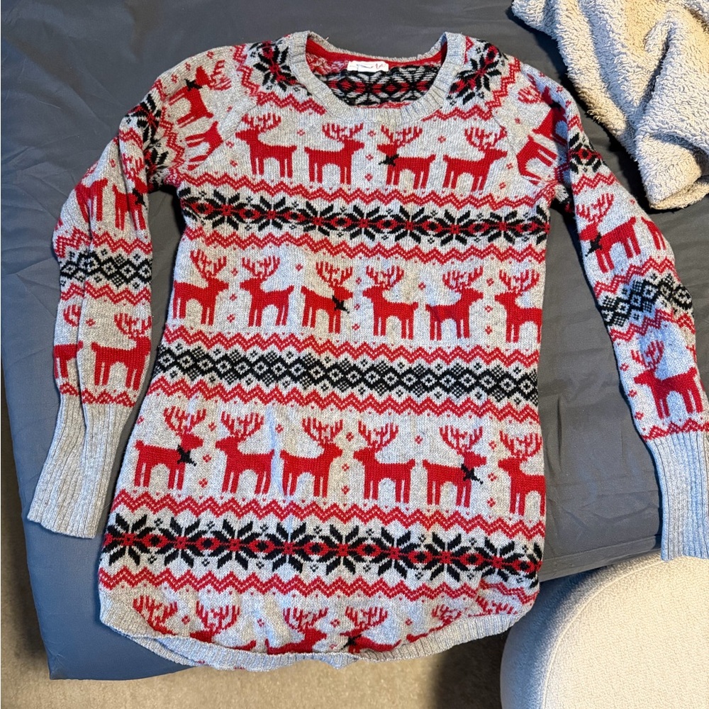 Red and Gray Reindeer Pattern Sweater